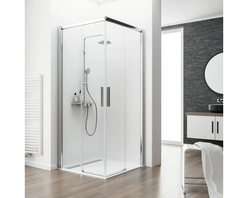 Douche accès d'angle avec porte coulissante Schulte Kristall/Trend 90x90 cm verre transparent couleur du profilé chrome sans profilé inférieur