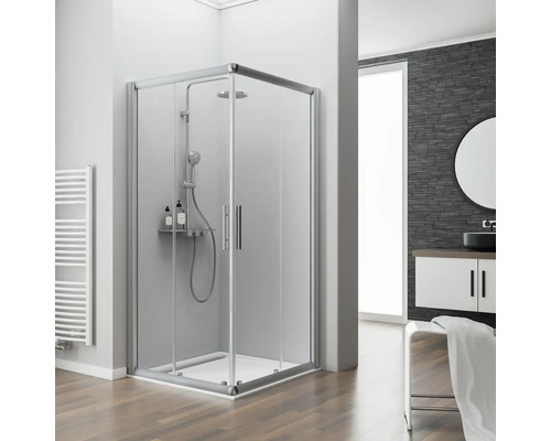 Douche accès d'angle avec porte coulissante Schulte Kristall/Trend 90x90 cm verre transparent couleur du profilé aluminium Cabine de douche d''angle avec robinetterie et étagère dans une salle de bains