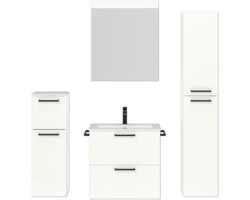 Set de meubles de salle de bains NOBILIA Programm 2 lxhxp 140 x 169,1 x 48,7 cm couleur de façade blanc haute brillance avec meuble à vasque blanc et miroir avec éclairage LED armoire midi meuble bas poignée noir 186