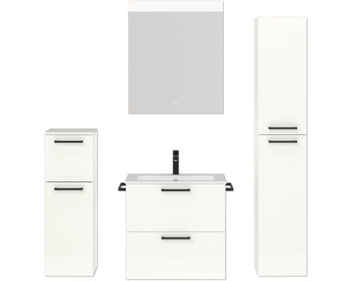 Set de meubles de salle de bains NOBILIA Programm 2 lxhxp 140 x 169,1 x 48,7 cm couleur de façade blanc haute brillance avec meuble à vasque et armoire de toilette à 1 porte avec éclairage LED meuble bas armoire midi poignée noir 194