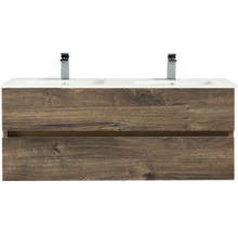 Doppelwaschtisch mit Holzstruktur und zwei Armaturen