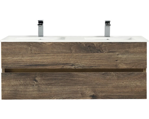 Doppelwaschtisch mit Holzstruktur und zwei Armaturen