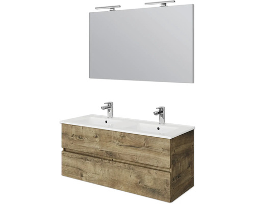 Set de meubles de salle de bains Pelipal Napoli lxhxp 120 x 200 x 46,5 cm couleur de façade chêne ribbeck avec vasque double en céramique blanc SET-150-045