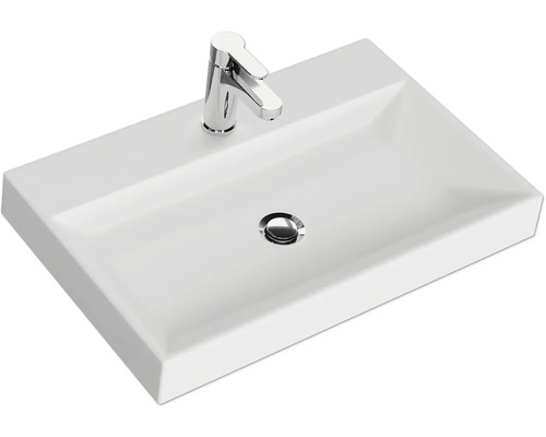 Rechteckiges Waschbecken aus Keramik mit Armatur