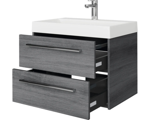 Meuble sous-lavabo avec deux tiroirs ouverts, lavabo et robinetterie