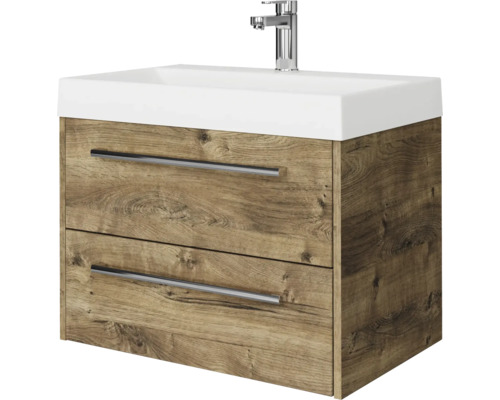 Set de meubles de salle de bains Pelipal Milano lxhxp 70 x 56,9 x 45 cm couleur de façade chêne ribbeck avec vasque en fonte minérale blanc SET-138-003