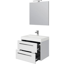 Badezimmerset mit Waschbeckenunterschrank, zwei Schubladen, Waschbecken und Spiegel mit Beleuchtung