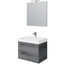 Waschtisch mit zwei Schubladen, Waschbecken, Spiegel und Lampe