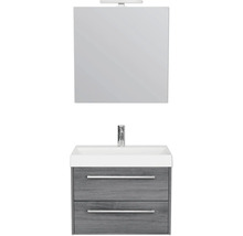 Badezimmermöbel Set mit Waschbecken, Unterschrank mit zwei Schubladen und Spiegel mit Lampe