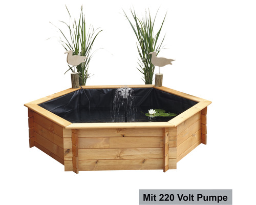 Bassin de jardin hexagonal en bois avec pompe