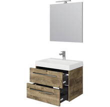 Waschtischunterschrank mit zwei offenen Schubladen, Waschbecken und Spiegel mit Lampe