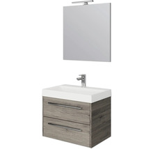 Waschtisch mit zwei Schubladen, Waschbecken, Spiegel und Lampe