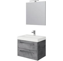 Waschtisch mit zwei Schubladen, Waschbecken, Spiegel und Lampe