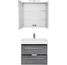 Waschtischunterschrank mit Waschbecken und Spiegelschrank mit offenen Türen und Einlegeböden.