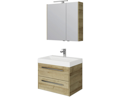 Set de meubles de salle de bains Pelipal Milano lxhxp 70 x 200 x 45 cm couleur de façade chêne riviera avec vasque en fonte minérale blanc SET-138-017