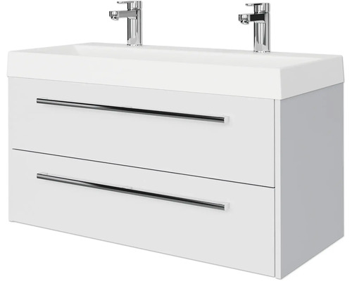 Set de meubles de salle de bains Pelipal Milano lxhxp 100 x 56,9 x 45 cm couleur de façade blanc haute brillance avec vasque en fonte minérale blanc SET-138-031