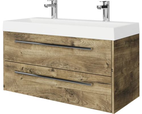 Set de meubles de salle de bains Pelipal Milano lxhxp 100 x 56,9 x 45 cm couleur de façade chêne ribbeck avec vasque en fonte minérale blanc SET-138-033