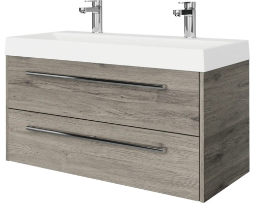 Set de meubles de salle de bains Pelipal Milano lxhxp 100 x 56,9 x 45 cm couleur de façade chêne sanremo avec vasque en fonte minérale blanc SET-138-034