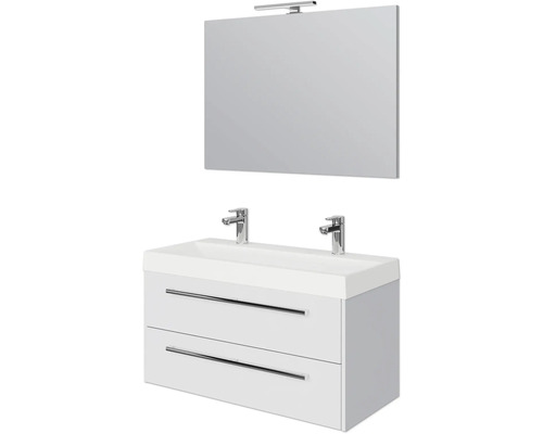 Set de meubles de salle de bains Pelipal Milano lxhxp 100 x 200 x 45 cm couleur de façade blanc haute brillance avec vasque double en fonte minérale blanc SET-138-037