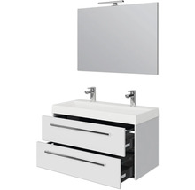 Badezimmermöbel-Set mit Waschtisch, zwei Schubladen, zwei Armaturen und Spiegel mit Lampe
