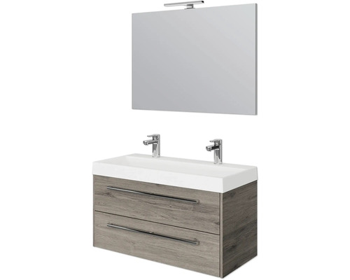 Set de meubles de salle de bains Pelipal Milano lxhxp 100 x 200 x 45 cm couleur de façade chêne sanremo avec vasque double en fonte minérale blanc SET-138-040