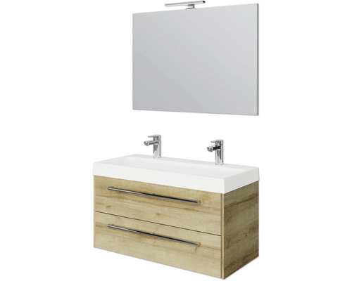 Set de meubles de salle de bains Pelipal Milano lxhxp 100 x 200 x 45 cm couleur de façade chêne riviera avec vasque double en fonte minérale blanc SET-138-041