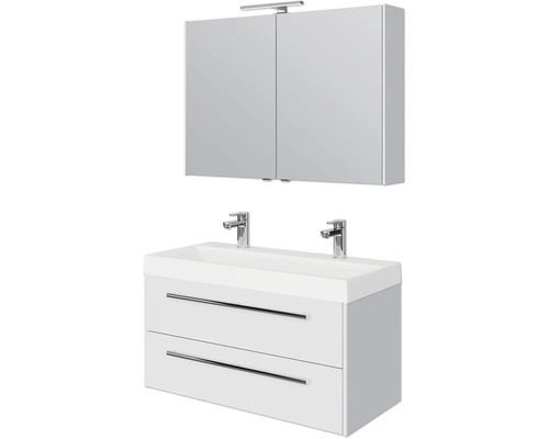 Set de meubles de salle de bains Pelipal Milano lxhxp 100 x 200 x 45 cm couleur de façade blanc haute brillance avec vasque double en fonte minérale blanc SET-138-043