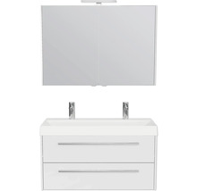 Badezimmerset mit Waschbeckenunterschrank, zwei Schubladen, zwei Armaturen und Spiegelschrank mit zwei Türen