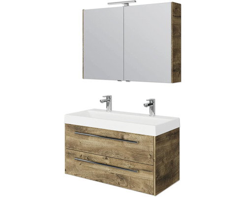 Set de meubles de salle de bains Pelipal Milano lxhxp 100 x 200 x 45 cm couleur de façade chêne ribbeck avec vasque double en fonte minérale blanc SET-138-045