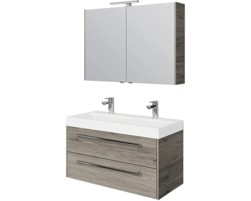 Set de meubles de salle de bains Pelipal Milano lxhxp 100 x 200 x 45 cm couleur de façade chêne sanremo avec vasque double en fonte minérale blanc SET-138-046