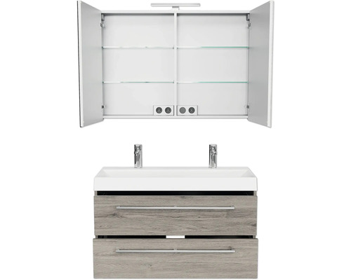 Badezimmermöbelset mit Spiegelschrank, Waschbecken und Unterschrank mit zwei Schubladen