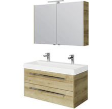 Badezimmermöbelset mit Spiegelschrank, Waschbeckenunterschrank mit zwei Schubladen und zwei Armaturen