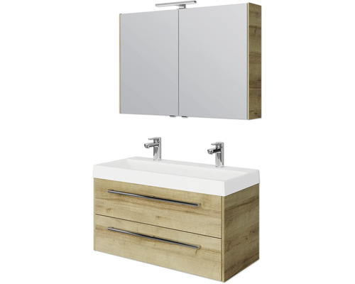 Set de meubles de salle de bains Pelipal Milano lxhxp 100 x 200 x 45 cm couleur de façade chêne riviera avec vasque double en fonte minérale blanc SET-138-047