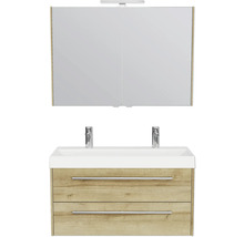 Badezimmermöbelset mit Spiegelschrank, Waschtisch, Waschbecken und zwei Armaturen