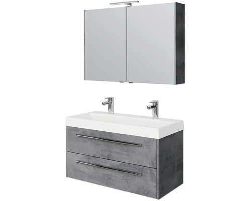 Set de meubles de salle de bains Pelipal Milano lxhxp 100 x 200 x 45 cm couleur de façade gris foncé oxydé avec vasque double en fonte minérale blanc SET-138-048