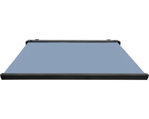 Store de protection solaire bleu clair avec cadre noir.
