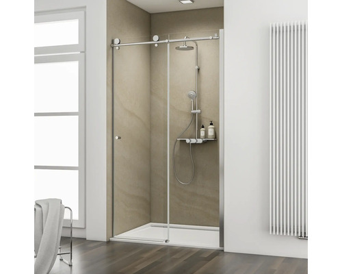 Porte de douche dans niche avec porte coulissante SCHULTE MasterClass ExpressPlus 120 cm couleur du profilé chrome décor de vitre verre transparent avec verre antitache butée de porte à droite