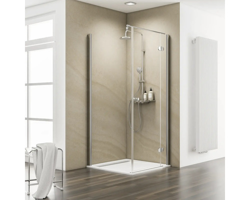 Porte de douche avec paroi latérale avec porte pivotante SCHULTE MasterClass ExpressPlus 90 x 90 cm couleur du profilé chrome décor de vitre verre transparent avec verre antitache butée de porte à droite butée de paroi latérale à gauche