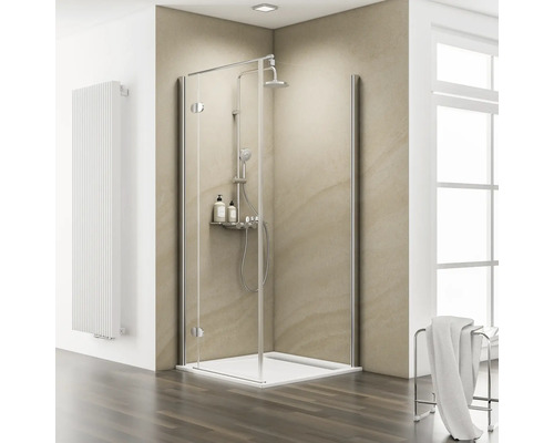 Porte de douche avec paroi latérale à porte pivotante SCHULTE MasterClass ExpressPlus 90 x 90 cm Profil chrome verre transparent revêtement en verre résistant à la saleté tirant gauche butée de paroi latérale droite pour receveur de douche plat