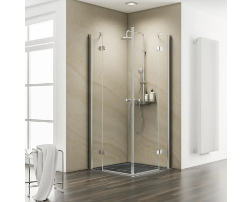 Douche accès d'angle avec paroi latérale à porte pivotante SCHULTE MasterClass ExpressPlus 80 x 80 cm Profil chrome verre transparent revêtement en verre résistant à la saleté tirant gauche tirant droite pour receveur de douche plat