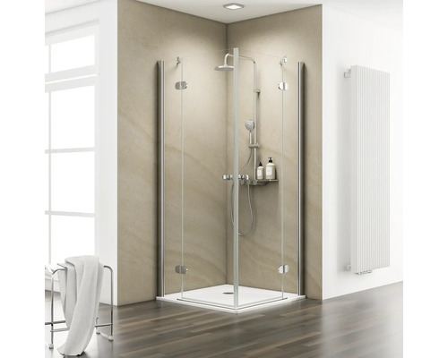 Douche accès d'angle avec paroi latérale à porte pivotante SCHULTE MasterClass ExpressPlus 90 x 90 cm Profil chrome verre transparent revêtement en verre résistant à la saleté tirant gauche tirant droite avec receveur de douche