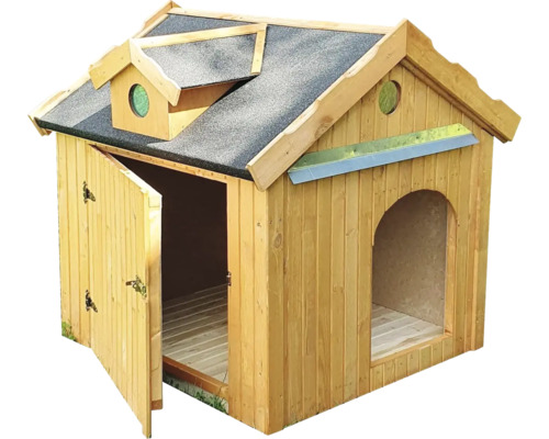 Holzhundehütte mit Tür zum Öffnen und isoliertem Dach