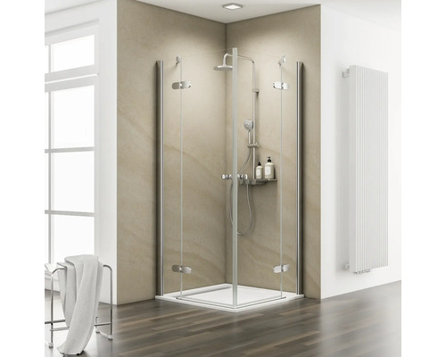 Douche accès d'angle avec porte pivotante Schulte MasterClass 90x90 cm verre transparent couleur du profilé chrome avec charnière pendulaire