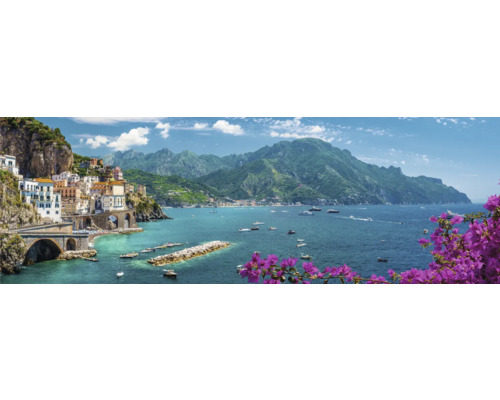Leinwandbild Atrani town 150x50 cm Panorama von Gebäuden am Meer mit Bergen im Hintergrund