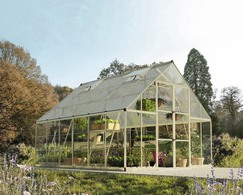 Gewächshaus Palram – Canopia Balance Polycarbonat 0,7 mm 304 x 366 cm silber Gewächshaus mit Pflanzenregalen im Garten