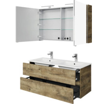 Waschtisch mit zwei Waschbecken, Unterschrank mit Schubladen und Spiegelschrank mit Regalen