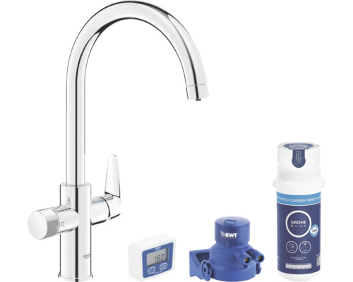 Robinet de cuisine avec filtration d'eau GROHE GROHE Blue Pure chrome 30593000 Robinet d''eau Grohe Blue avec filtre, débitmètre et tête de filtre