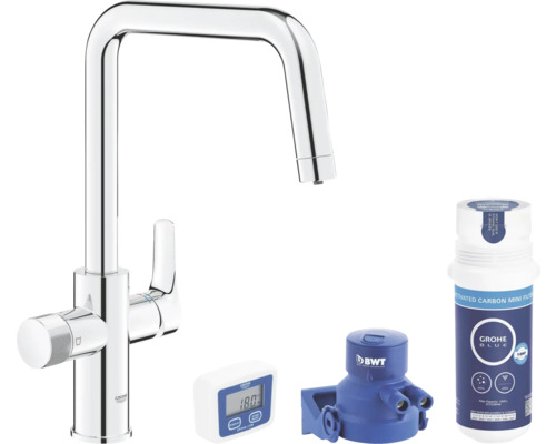 Robinet de cuisine avec filtration d'eau GROHE GROHE Blue Pure chrome 30596000 Robinet de cuisine avec système de filtration d''eau, tête de filtre, cartouche filtrante, appareil de mesure de la dureté