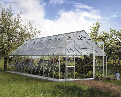 Gewächshaus Palram – Canopia Balance Polycarbonat 0,7 mm 304 x 844 cm silber Gewächshaus mit Pflanzen im Garten