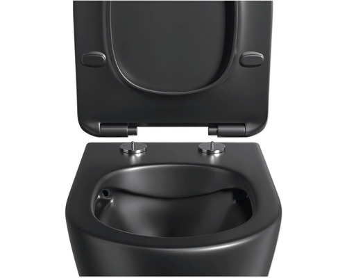 WC suspendu noir avec bride ouverte et siège de WC